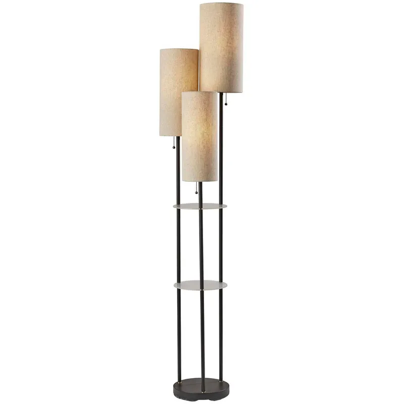 Trio 68 inch 40 watt Black with Antique Brass Accents Floor Lamp Portable Light in Light Brown Textured Fabric