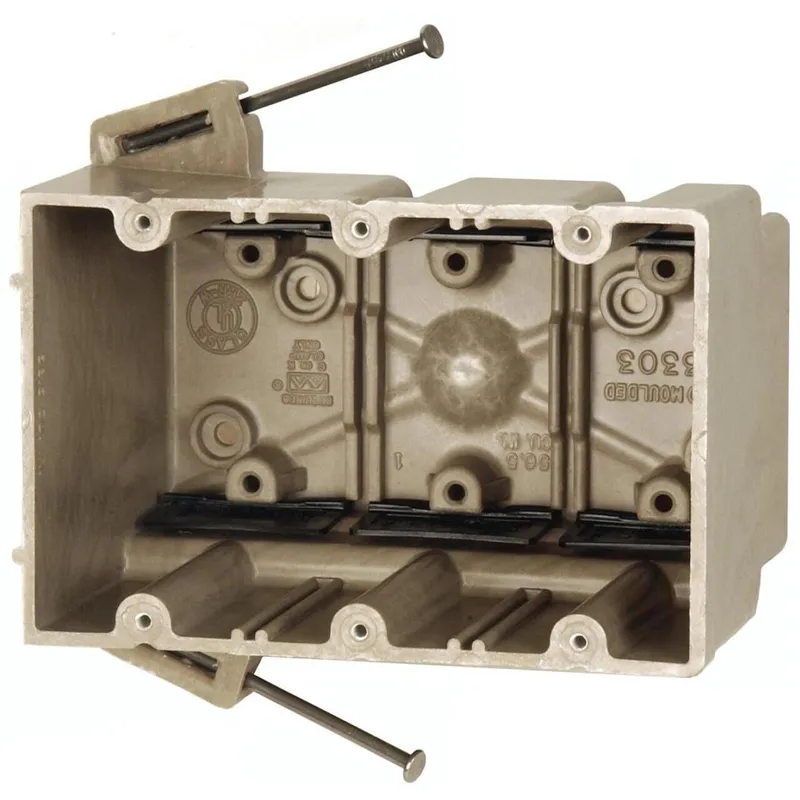 Switch/Outlet Box, 3-Gang, Depth: 3", Nail-On, Non-Metallic