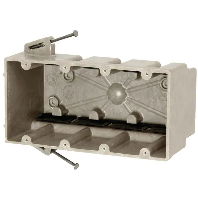 Switch/Outlet Box, 4-Gang, Depth: 3", Nail-On, Non-Metallic