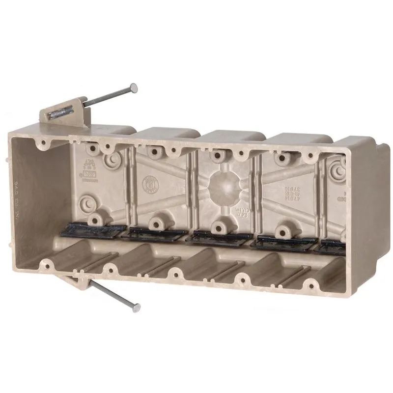 Switch/Outlet Box, 5-Gang, Depth: 3-9/16", Nail-On, Non-Metallic