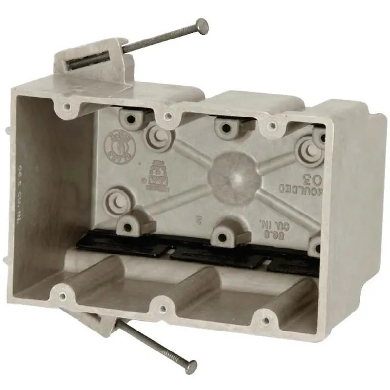 Switch/Outlet Box, 3-Gang, Depth: 3", Nail-On, Non-Metallic