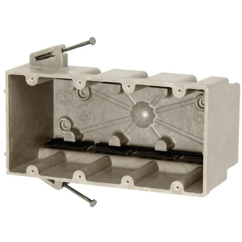 Switch/Outlet Box, 4-Gang, Depth: 3-9/16", Nail-On, Non-Metallic