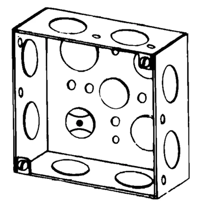4" Square Box, Welded, 1-1/2" Depth, 1/2 and 3/4" Knockouts, Steel