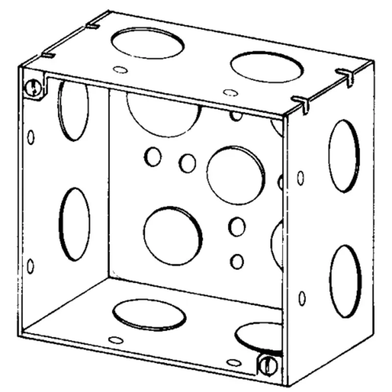 4" Square Box, Welded, 2-1/8" Depth, 1/2 and 3/4" Knockouts, Steel