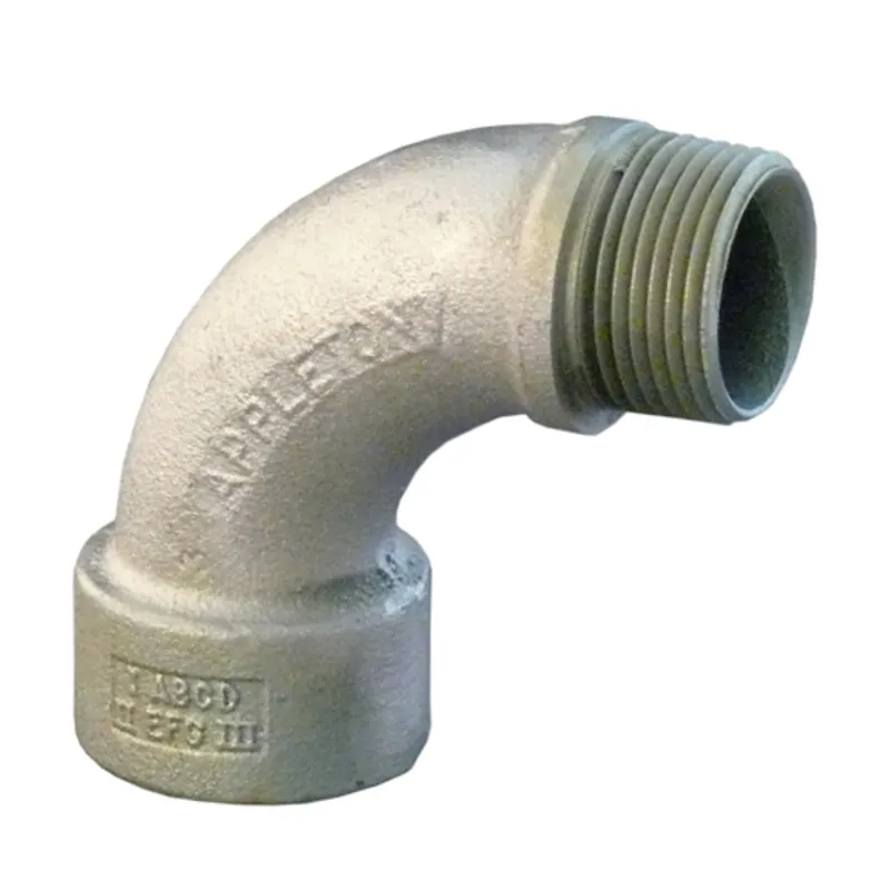 Long Bushed Elbow, 2" Diameter, 90 Degree, Male to Female, Malleable Iron
