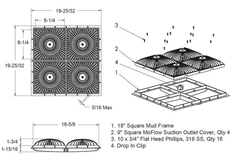 Aquastar Pool Products 18MFNF101 4 9In Sq Mo Flow Suction Covers With Screws (VGB Series)
