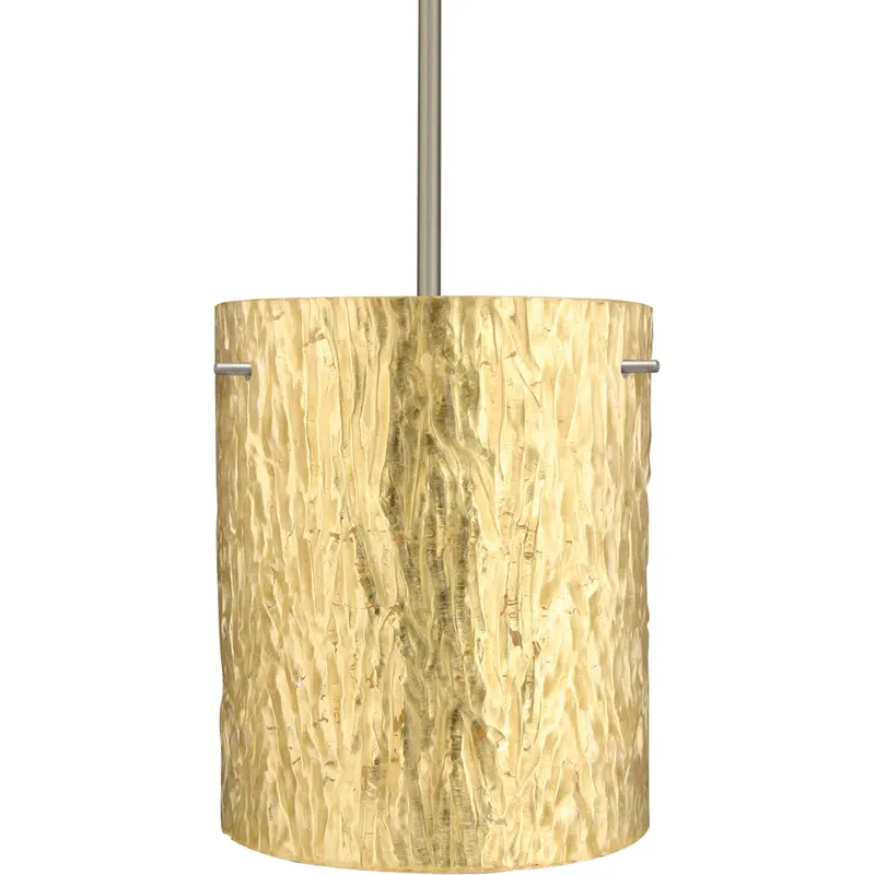 Tamburo 8 LED Satin Nickel Stem Pendant Ceiling Light in Stone Gold Foil Glass