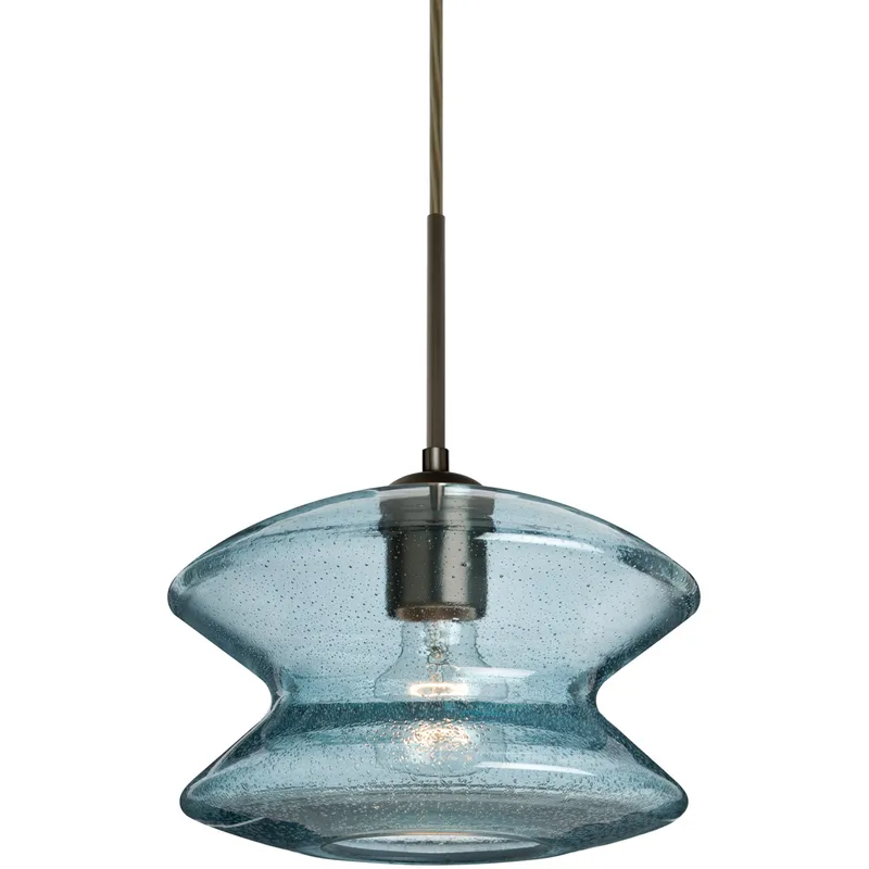 Zen 1 Light Bronze Pendant Ceiling Light in Blue Bubble Glass