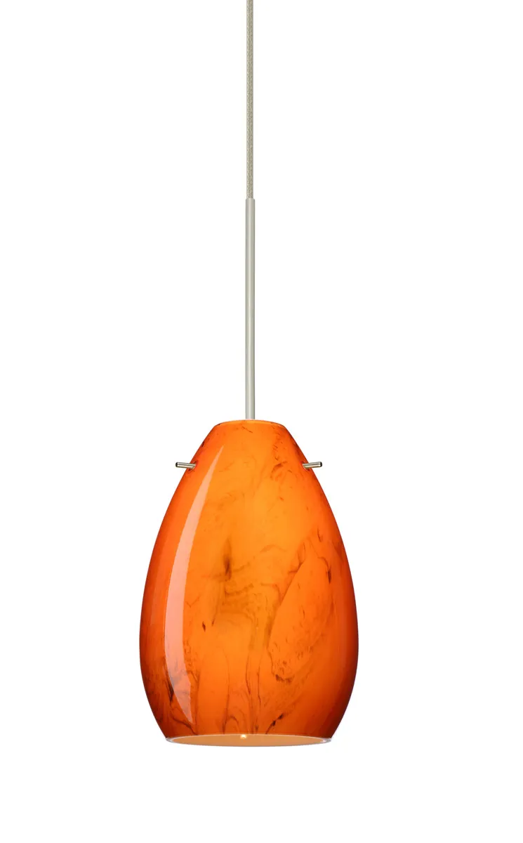 Pera 1 Light Satin Nickel Pendant Ceiling Light in Habanero Glass, Incandescent