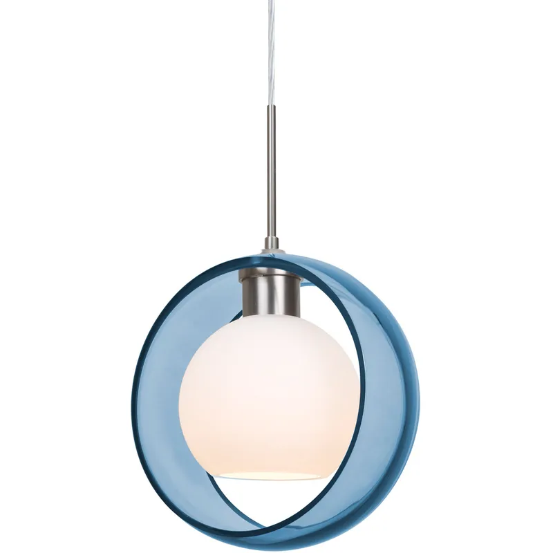 Mana LED Satin Nickel Cord Pendant Ceiling Light in Transparent Blue with Opal Glass