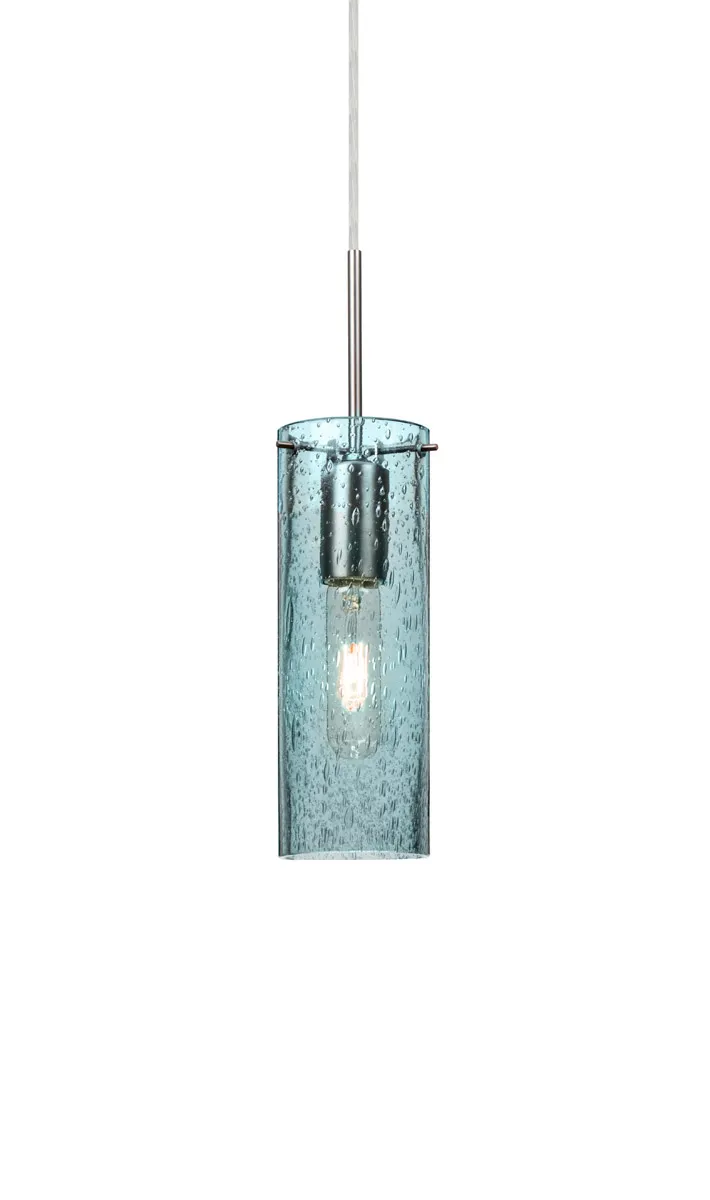 Juni 10 1 Light Satin Nickel Pendant Ceiling Light in Blue Bubble Glass
