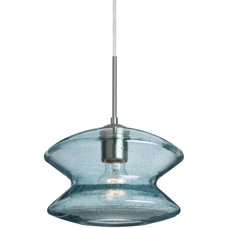 Zen 1 Light Satin Nickel Pendant Ceiling Light in Blue Bubble Glass