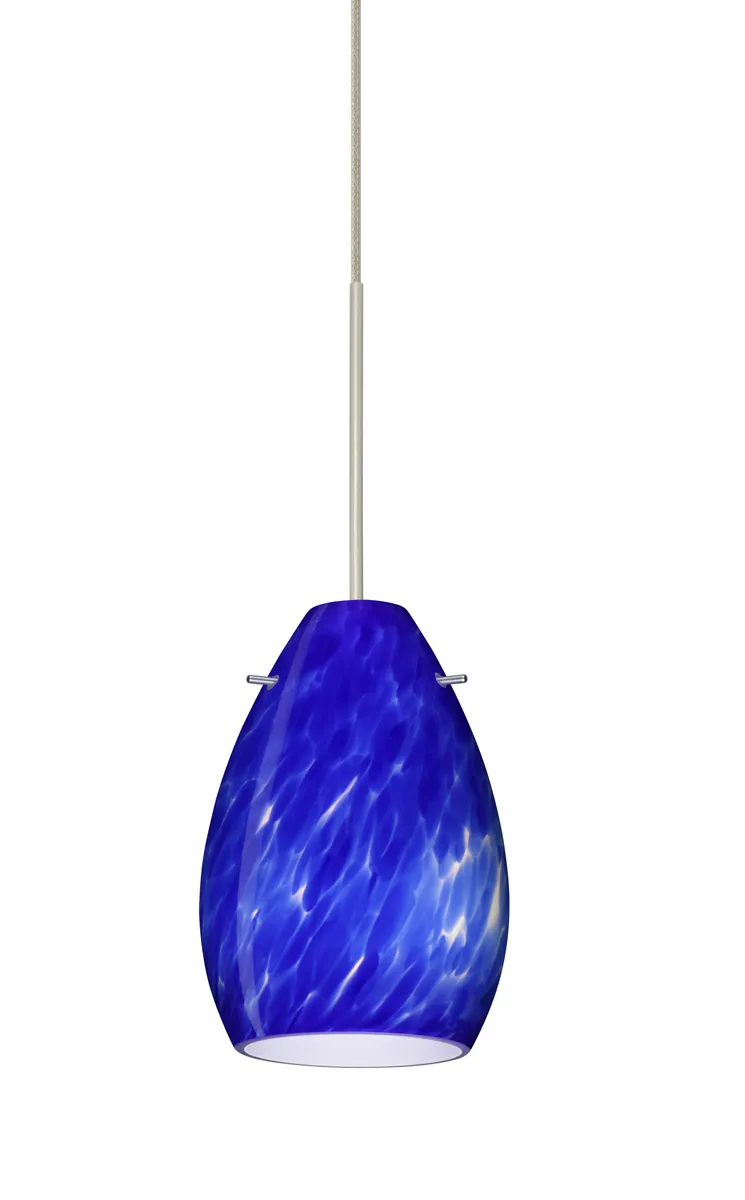 Pera 6 LED Satin Nickel Pendant Ceiling Light in Blue Cloud Glass