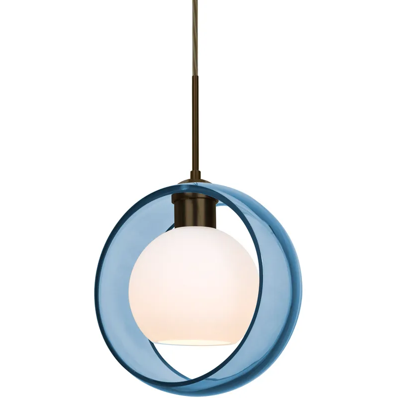 Mana 1 Light Bronze Cord Pendant Ceiling Light in Incandescent, Transparent Blue with Opal Glass