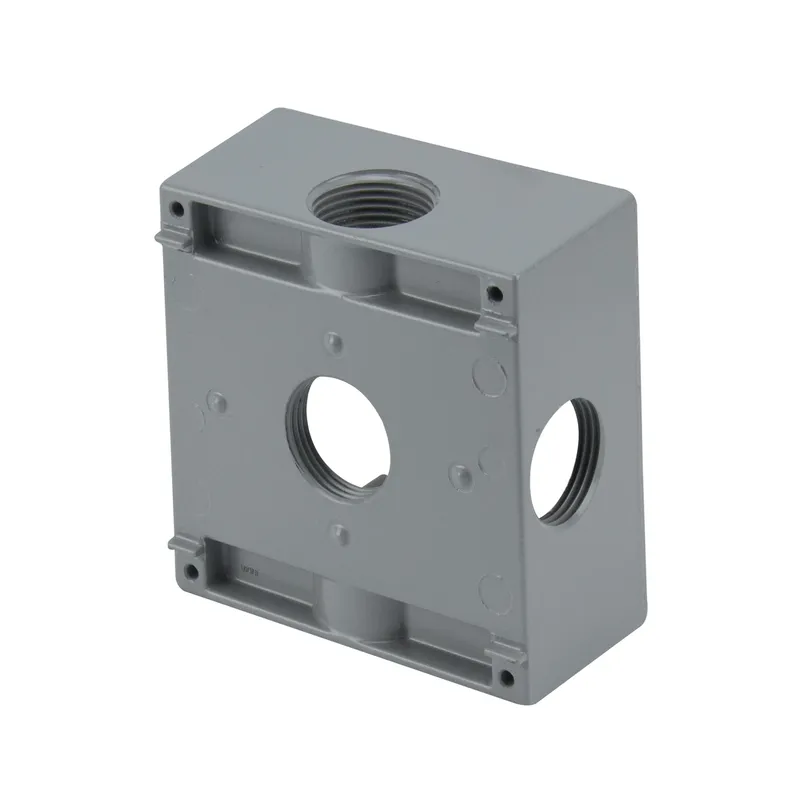 Weatherproof Outlet Box, 2 Gang, (5) 1" Outlets, 2" Deep, Die Cast Metal, Gray