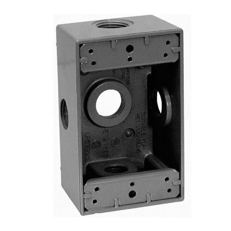 Weatherproof Outlet Box, 1 Gang, (5) 1/2" Outlets, 2-5/8" Deep, Die Cast Metal, Gray