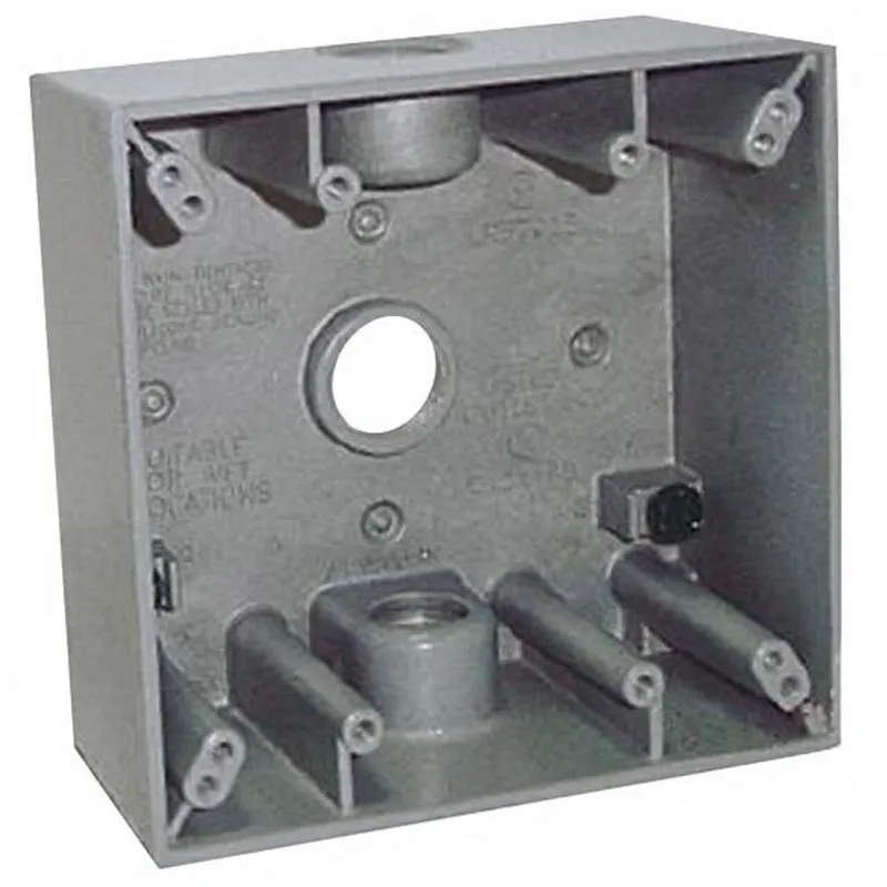 Weatherproof Outlet Box, 2 Gang, (3) 1" Outlets, 2" Deep, Die Cast Metal, Gray