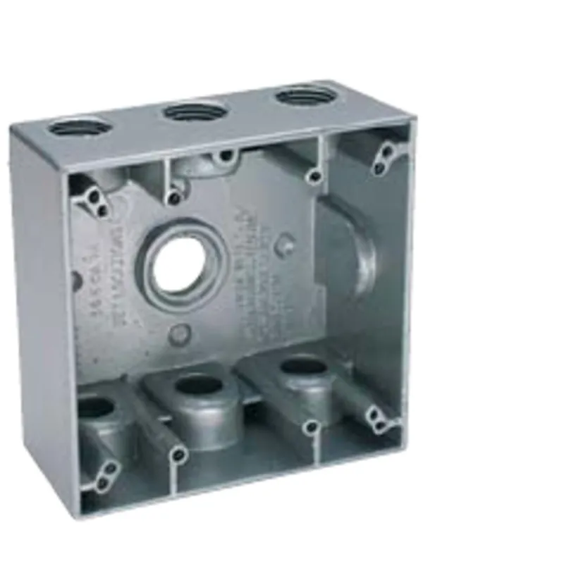 Weatherproof Outlet Box, 2 Gang, (5) 3/4" Outlets, 2-5/8" Deep, Die Cast Metal, Gray