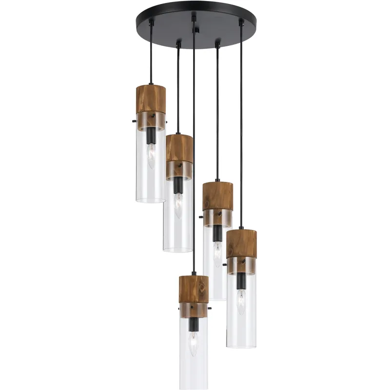 Spheroid 5 Light 15 inch Black and Wood Pendant Ceiling Light