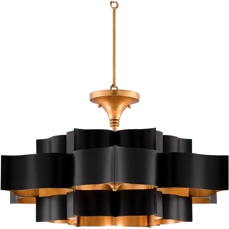 Grand Lotus 6 Light 30 inch Satin Black and Contemporary Gold Leaf Chandelier Ceiling Light, Large