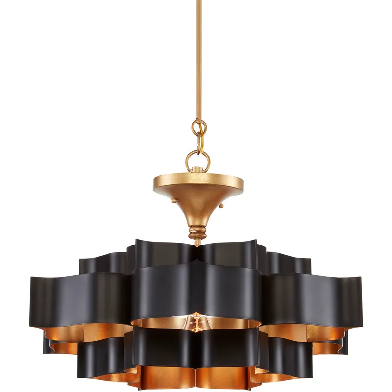 Grand Lotus 1 Light 20.25 inch Satin Black and Contemporary Gold Leaf Chandelier Ceiling Light, Small