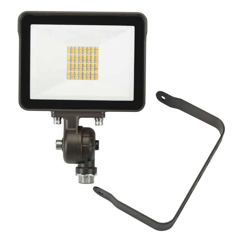 60W LED Flood Light feat. Color Select, Rectangular Series 1 with built in photocell. 120-277V Input, 3000K/4000K/5000K. Standard Bronze Housing. Wide Beam Spread, Universal Mount (1/2in Knucle Mount with Yoke Mount option included) Dimmable, White Box P