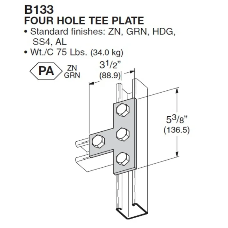 Tee Plate, 4 Holes, Length: 5-3/8", Bolt 9/16", Steel