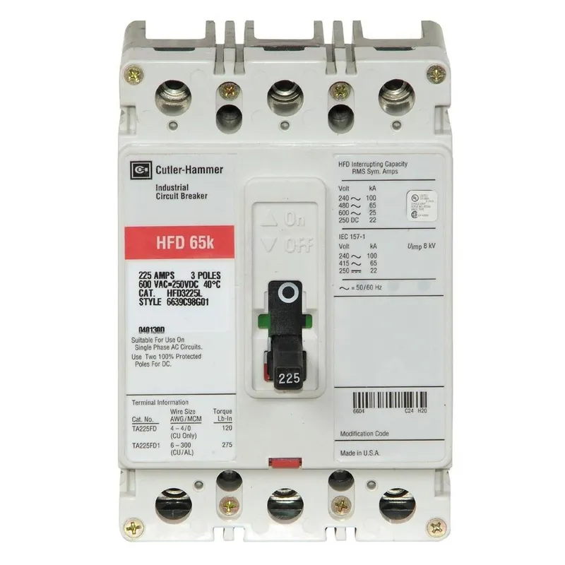 Breaker, 20A, 3P, 600V, 250 VDC, 65 kAIC, Type HFD CB