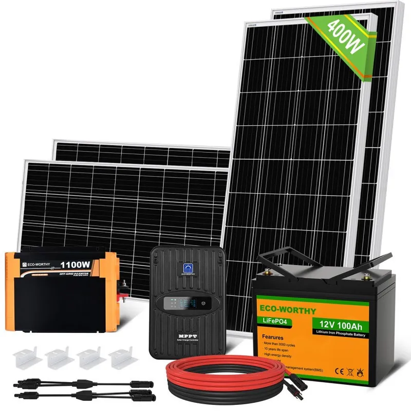 ECO-WORTHY 400W 12V (4x100W) Off Grid Solar Kit – 1.1kW Inverter & 1.2kWh Lithium Battery