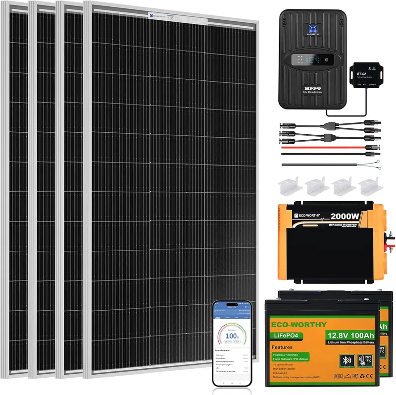 ECO-WORTHY 400W 12V (4x100W) Off Grid Solar Kit – 2kW Inverter & 2.4kWh Lithium Battery