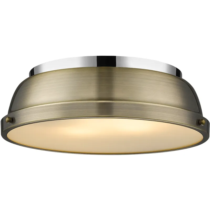 Yep Duncan 2 Light 14 inch Chrome Flush Mount Ceiling Light in Aged Brass, Damp