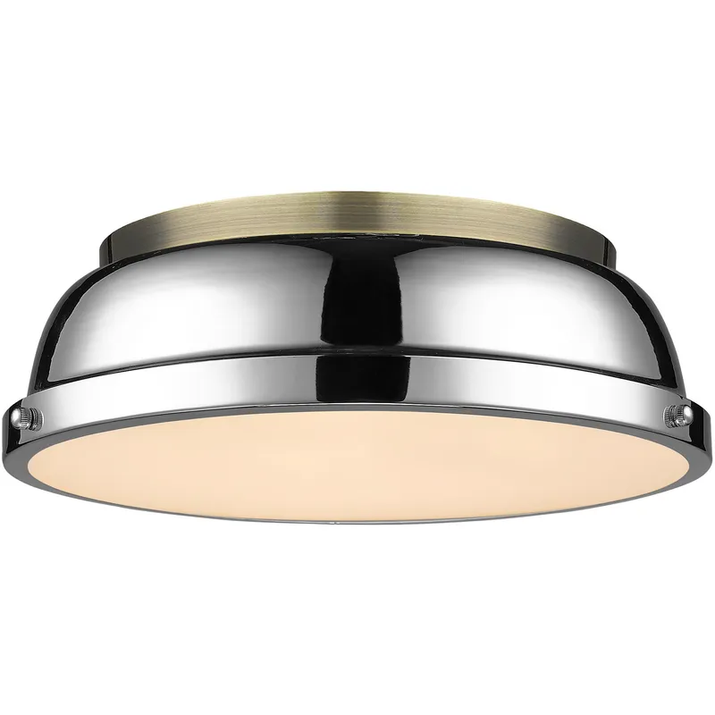 Yep Duncan 2 Light 14 inch Aged Brass Flush Mount Ceiling Light in Chrome, Damp