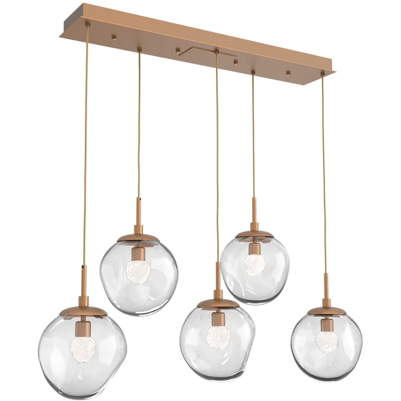 Aster LED LED Novel Brass Linear Pendant Ceiling Light in 3000K LED, Floret Inner - Clear Outer, Multi-Pendant