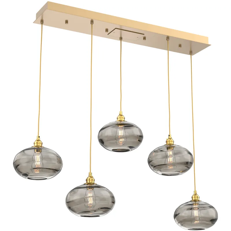 Coppa 5 Light Gilded Brass Linear Pendant Ceiling Light in Coppa Smoke, Multi-Port