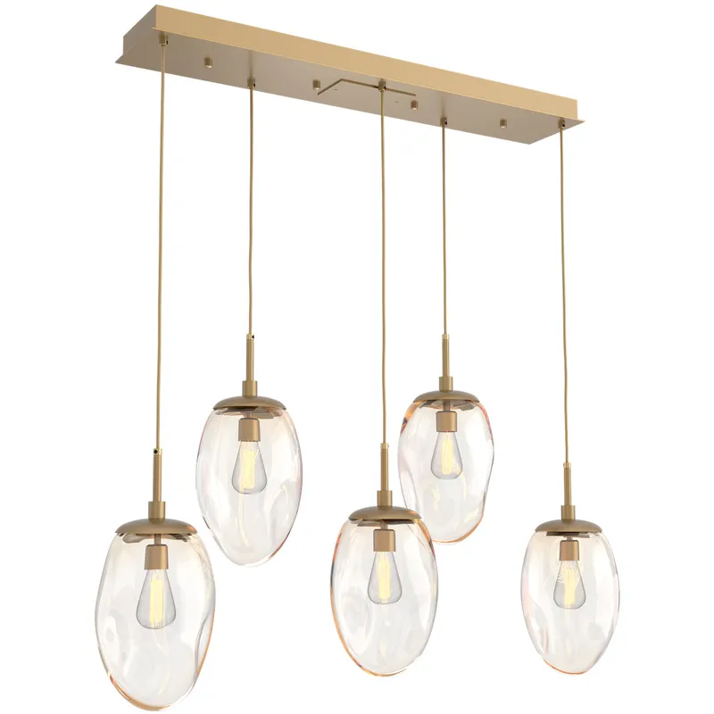 Meteo Incandescent 5 Light Gilded Brass Linear Pendant Ceiling Light in Amber, Multi-Port