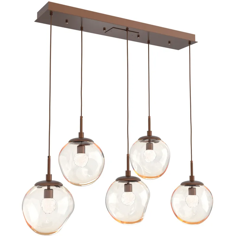 Aster LED LED Burnished Bronze Linear Pendant Ceiling Light in 2700K LED, Floret Inner - Amber Outer, Multi-Pendant