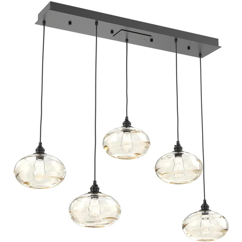 Coppa 5 Light Matte Black Linear Pendant Ceiling Light in Coppa Amber, Multi-Port