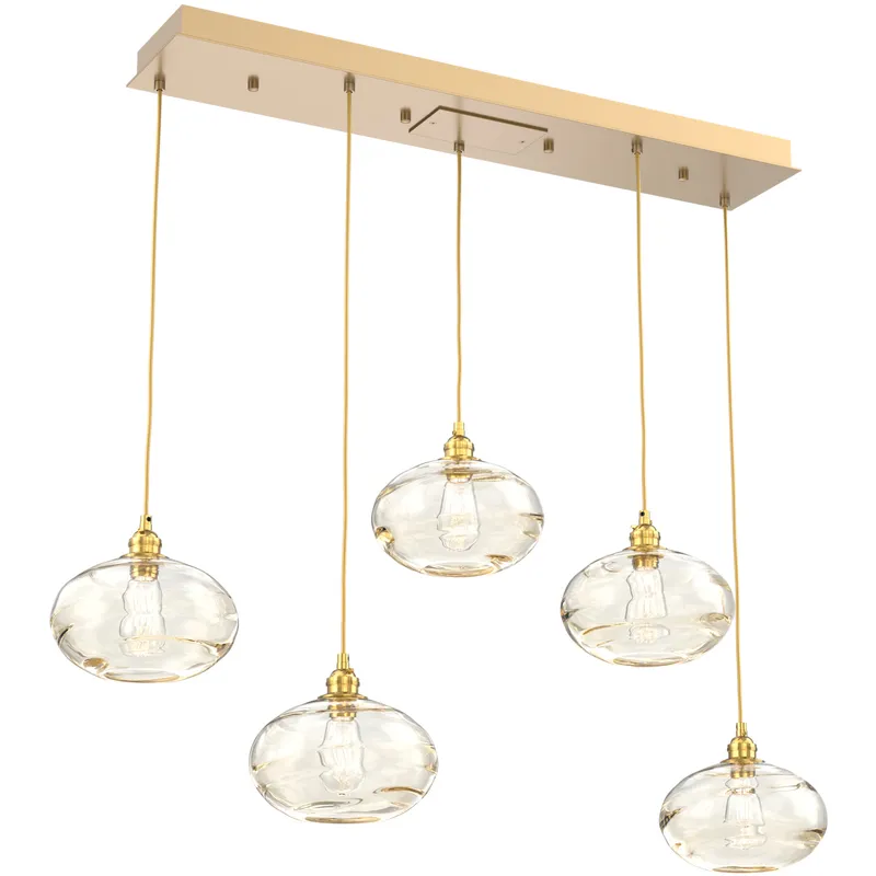 Coppa 5 Light Gilded Brass Linear Pendant Ceiling Light in Coppa Amber, Multi-Port