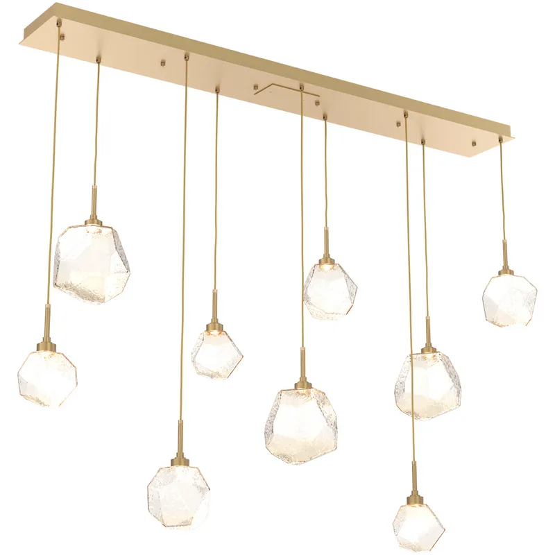 Gem LED Gilded Brass Linear Pendant Ceiling Light in Amber, 2700K LED, Multi-Port