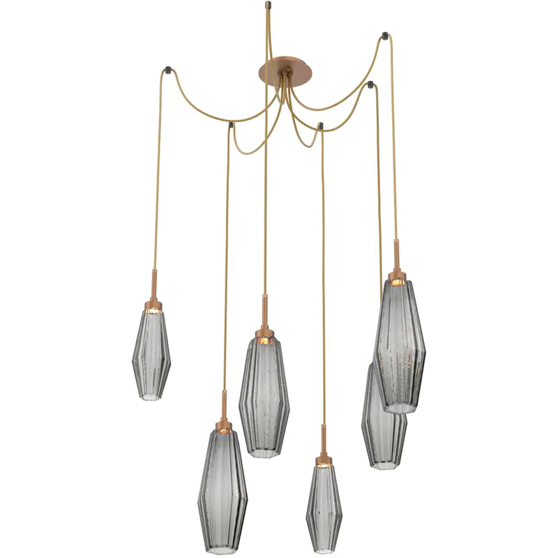 Aalto LED 14.8 inch Novel Brass Swag Multi-Pendant Ceiling Light in Optic Rib Smoke, 2700K LED