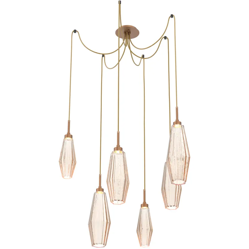 Aalto LED 14.8 inch Novel Brass Swag Multi-Pendant Ceiling Light in Optic Rib Amber, 2700K LED