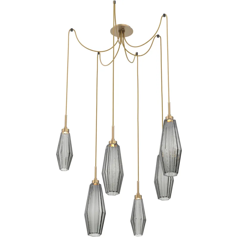 Aalto LED 14.8 inch Gilded Brass Swag Multi-Pendant Ceiling Light in 3000K LED, Optic Rib Smoke