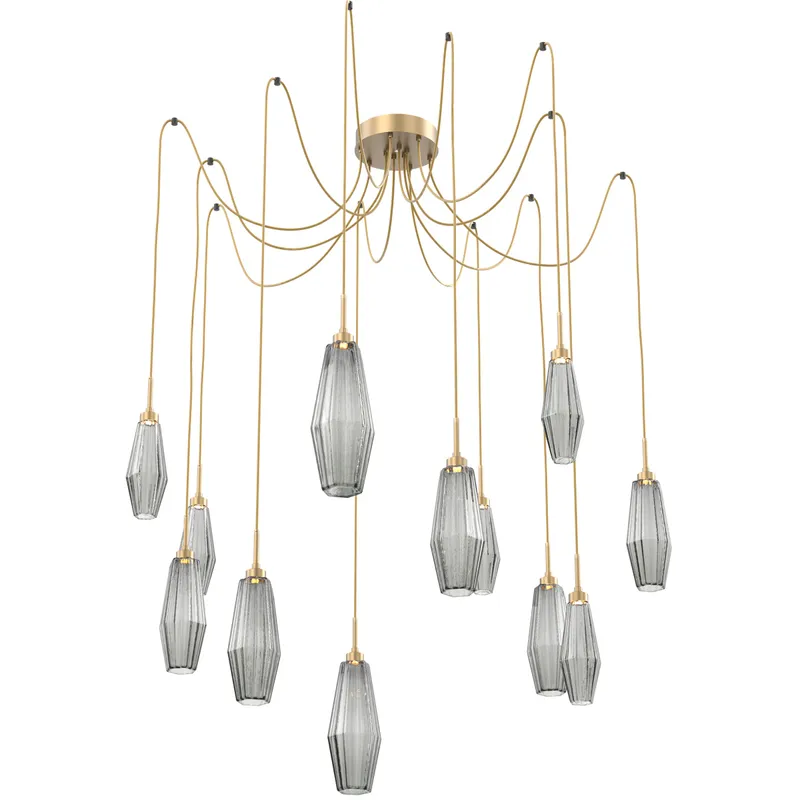 Aalto LED 14.8 inch Gilded Brass Swag Multi-Pendant Ceiling Light in 3000K LED, Optic Rib Smoke