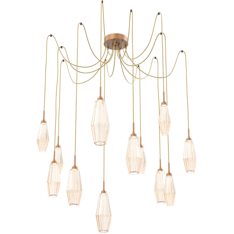 Aalto LED 14.8 inch Novel Brass Swag Multi-Pendant Ceiling Light in 3000K LED, Optic Rib Amber