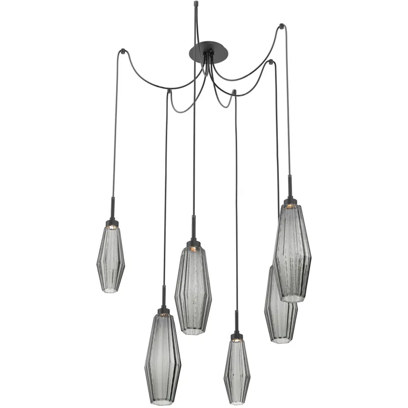 Aalto LED 14.8 inch Matte Black Swag Multi-Pendant Ceiling Light in 3000K LED, Optic Rib Smoke