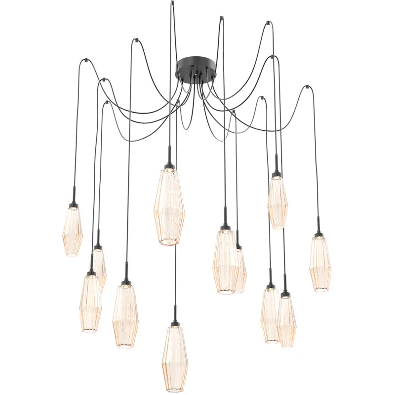 Aalto LED 14.8 inch Matte Black Swag Multi-Pendant Ceiling Light in Optic Rib Amber, 2700K LED