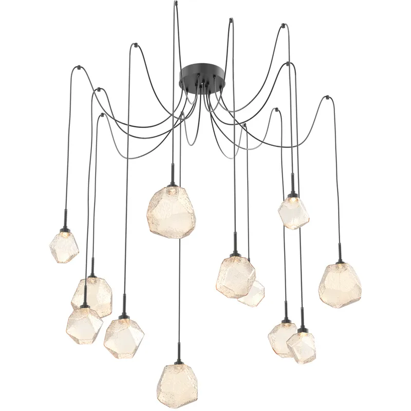 Gem LED 17 inch Matte Black Swag Multi-Pendant Ceiling Light in 3000K LED, Amber