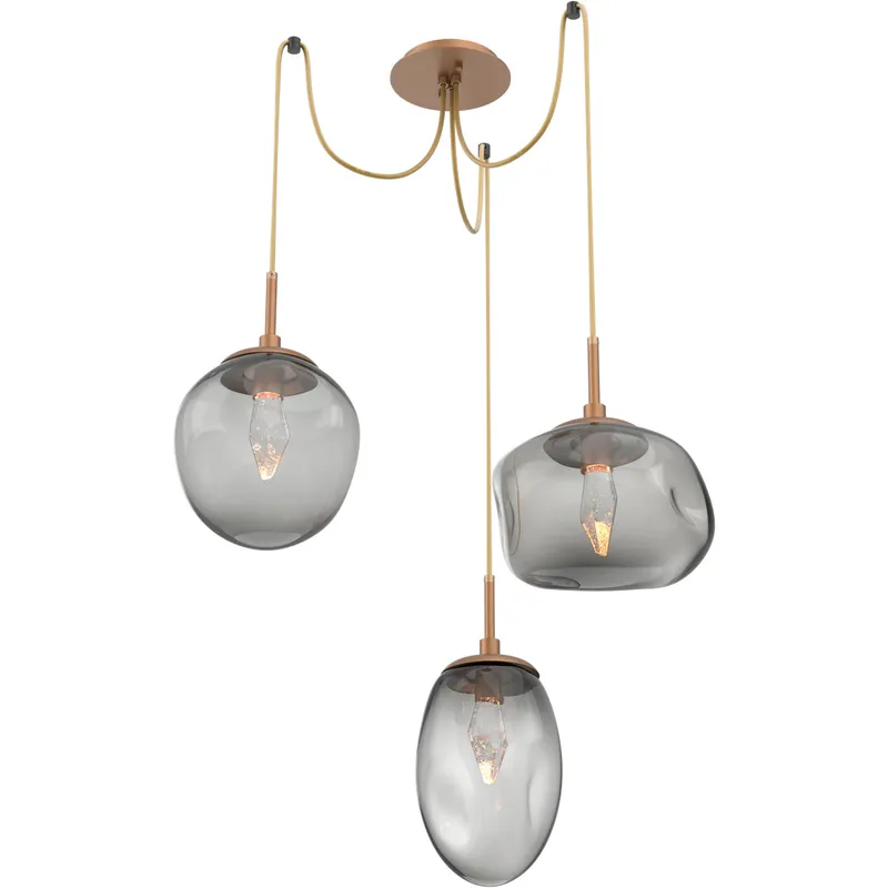 Cosmos LED 17 inch Novel Brass Swag Multi-Pendant Ceiling Light in 3000K LED, Geo Inner - Smoke Outer