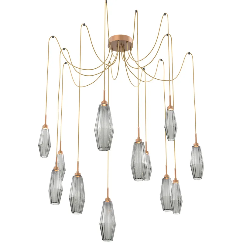 Aalto LED 14.8 inch Novel Brass Swag Multi-Pendant Ceiling Light in Optic Rib Smoke, 2700K LED