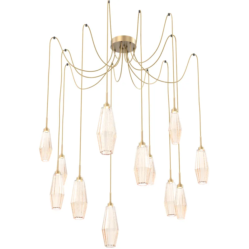 Aalto LED 14.8 inch Gilded Brass Swag Multi-Pendant Ceiling Light in Optic Rib Amber, 2700K LED